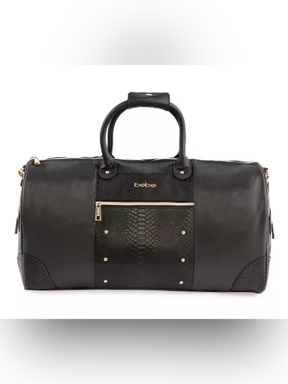 BEBE Ellisa 22” Duffle Bag - Black Faux-Snakeskin Tote with Gold Accents